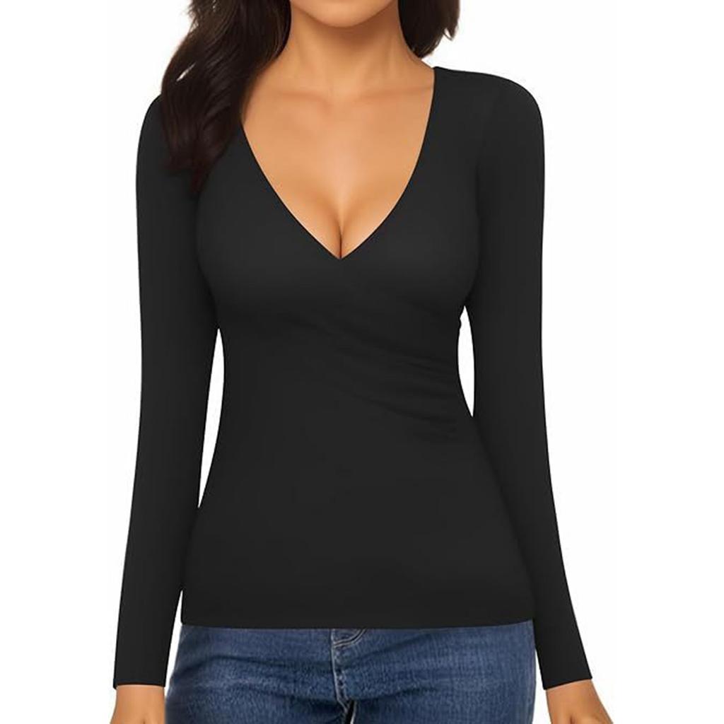 Women's And Winter Fashion Slim V-Neck Color Long Sleeve Bottom Down Shirt Sweatshirt Top