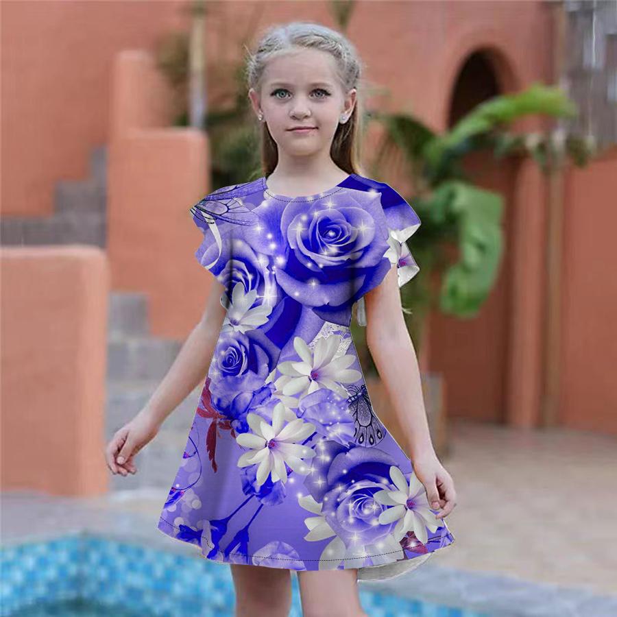 Girls Pink Rose Print Dresses Kids Girl Party Dress Loose Fitting Loose Fitting Short Sleeved Skirt For Girls Over Four Years Old