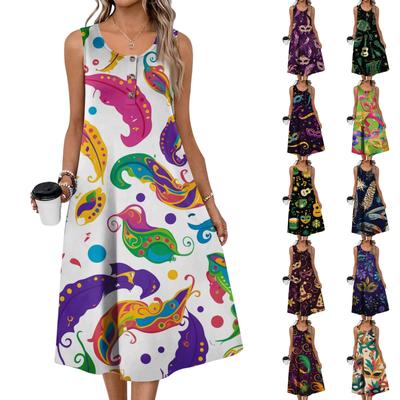 Damenmode Lässig Ärmellos Geknöpft Karneval Bedrucktes Kleid mit Taschen