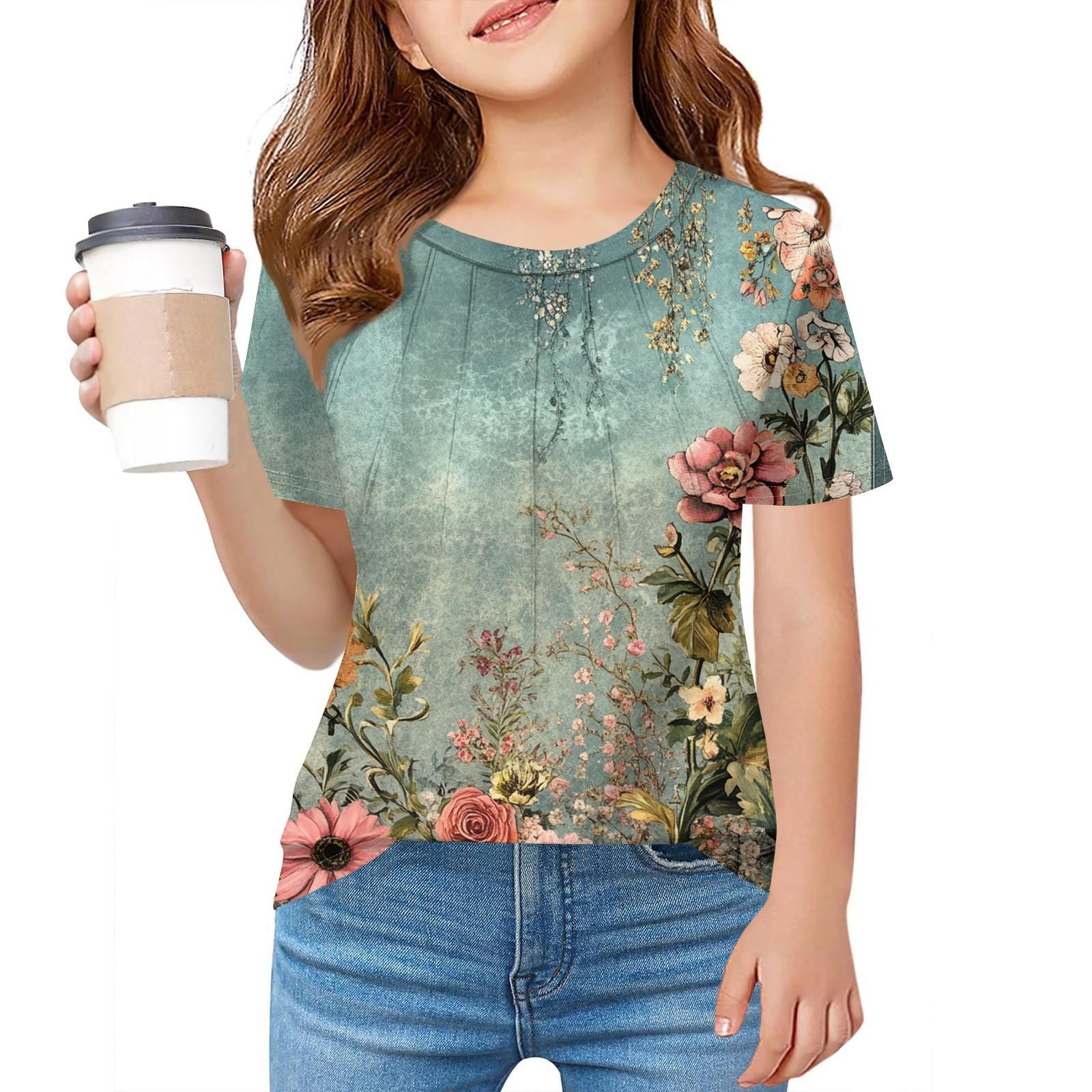 

Детская футболка Fold A для девочек, летняя модная куртка с круглым воротником и цветочным принтом с короткими рукавами 100 армия зеленый