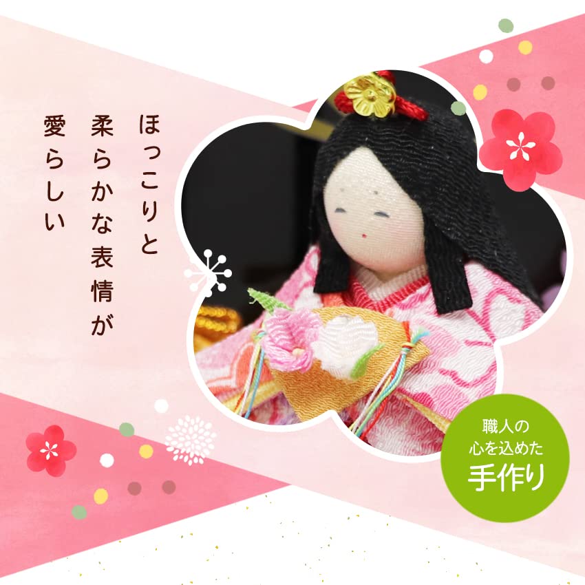 Osaka Choseido Original Compact Mini Hina Doll with Nameplate and Wooden Tag Chirimen Hina 32cm Flowing Water Cherry Blossom Design (Sent Separately)