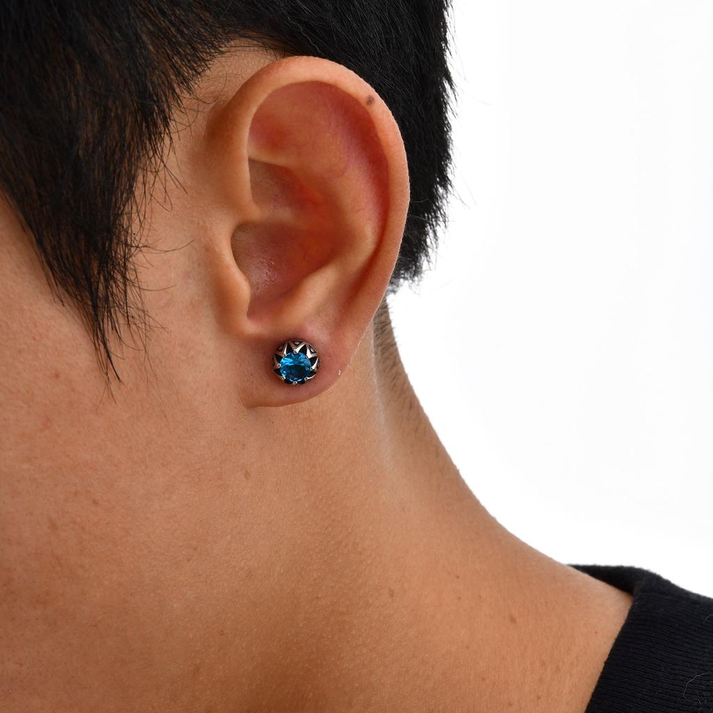 Fashion Geometric Blue Zircon Studs Earrings, Stainless Steel Round Earrings for Men Punk High Quality Jewelry Gift