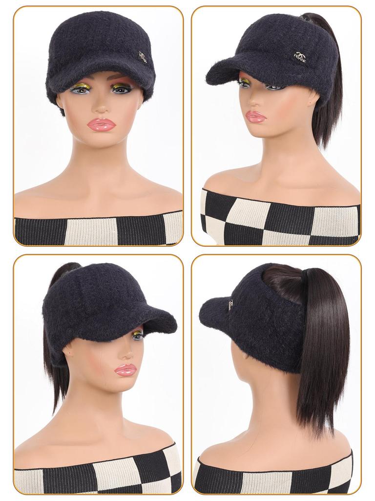 Synthetic Natural Straight Hair Ponytail Extension Wig Black Plush Shade Baseball Cap All-in-one Easy To Wear Hat Wig