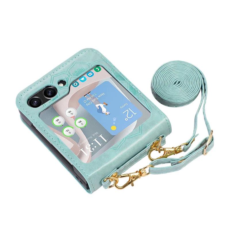 Crossbody Lanyard Flower Mandala Phone Case for Samsung Galaxy Z Flip 5 Flip5 5G PU Leather Shockproof Cover