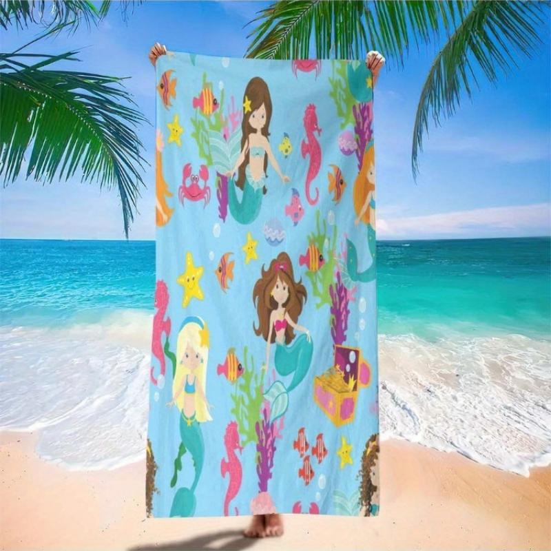 

1pc Oversized Mermaid Beach Towel - Quick-Dry Sand-Free Lightweight Microfiber Towel with Mermaid & Seahorse Design - Turquoise W40*H60(CM)
