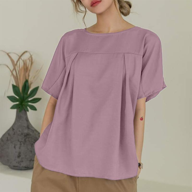 

ZANZEA Женская повседневная блузка с круглым вырезом, однотонная, с коротким рукавом L фиолетовый