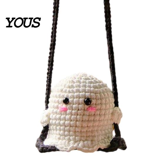 Handmade Aesthetic Car Decor Cute Crochet Ghost Ornaments, Mini Knitted Doll, Hanging Accessory Decorative Rearview Mirror for Auto Interior