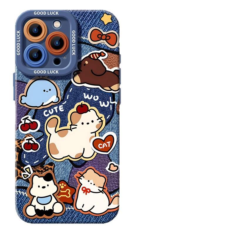Denim Cat Lanyard Phone Case for iPhone 17/16 Pro Max/15/13 - Cute Silicone Soft Cover