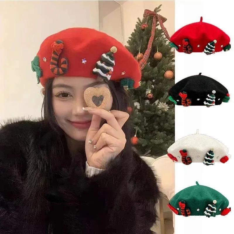 New Christmas Beret Retro Red Hat Female Winter Bow Christmas Tree Beret Warm Student Hat Female Painter Hat New 2024