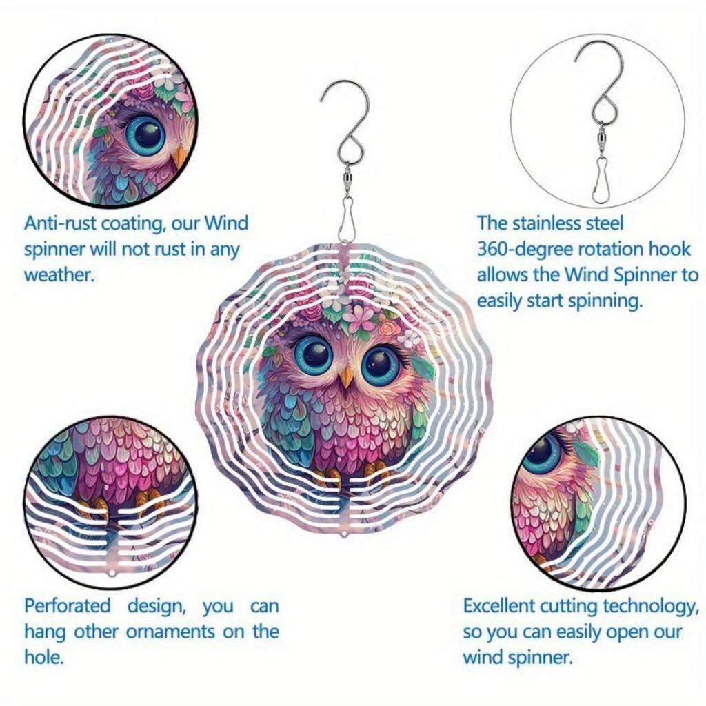 Metal Owl Wind Chime Outdoor Hanging Decor 2D Kinetic Floral Design for Garden Patio Christmas Thanksgiving Gift No Electricity Needed