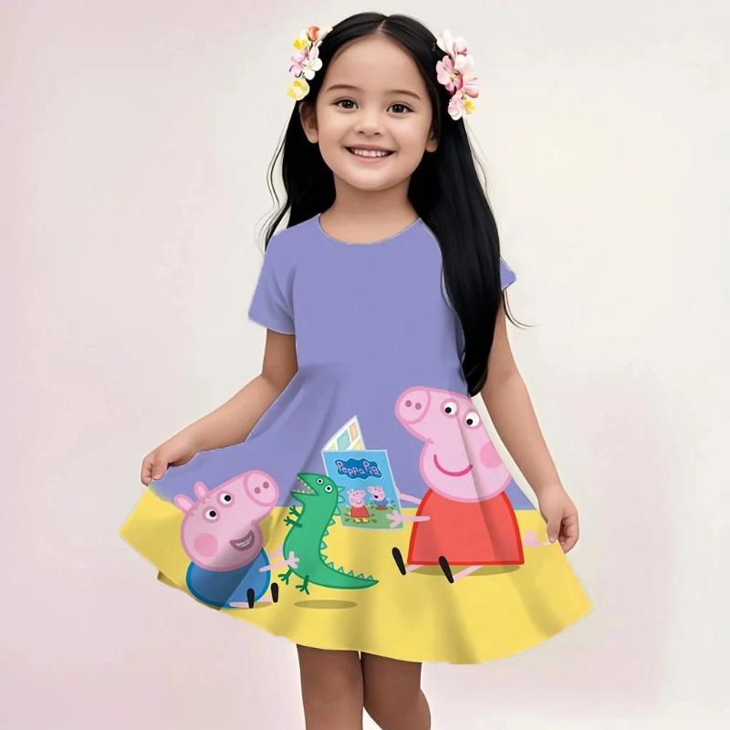 Girls Peppa Pig Casual Dress Summer Cute Cartoon Print Fashion Beach Sundress Soft Lightweight