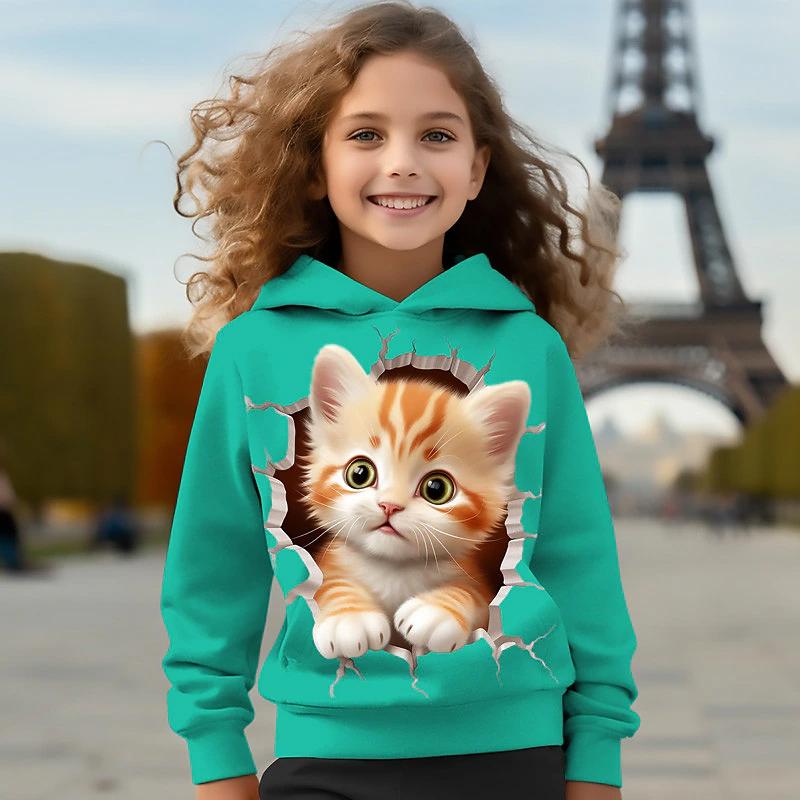 Girl Clothes Hoodies Long Sleeve Cartoon Kawaii Cat 3D Autumn Kids Clothes Fashion Casual Tops Outdoor Girl Children's Clothing