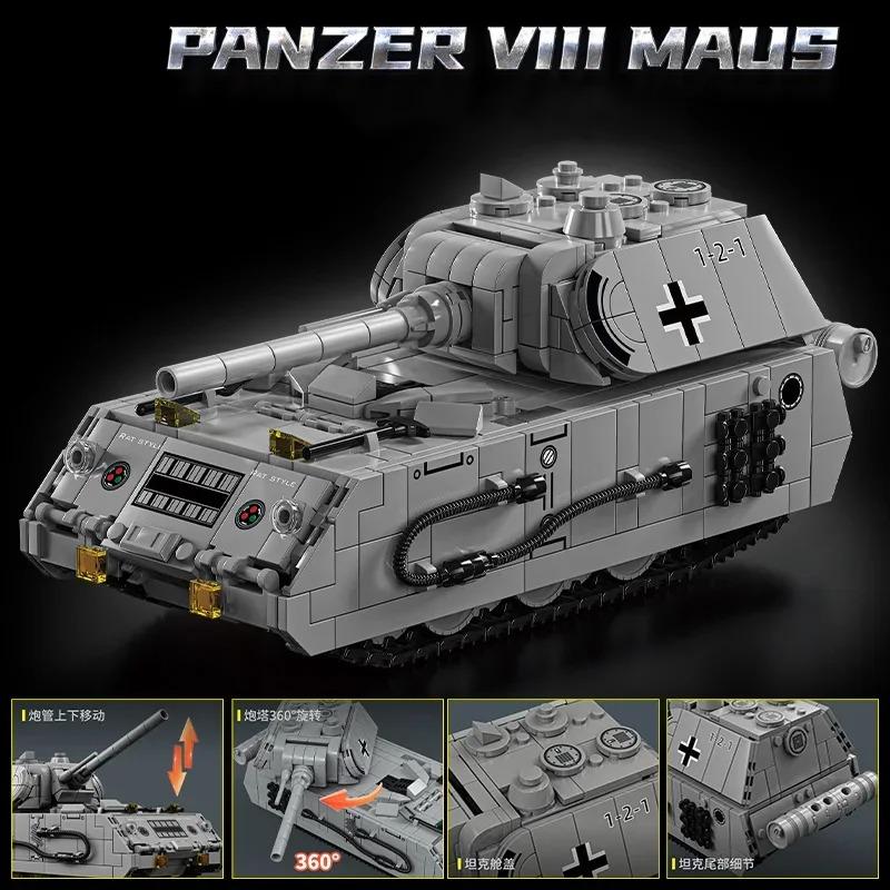 2024 WW2 Germany Military Tank Building Block Set Panzer VIII Maus Super Heavy Tank Scale Model Elephant Tank Destroyer Block Bricks Toy Gift Presents