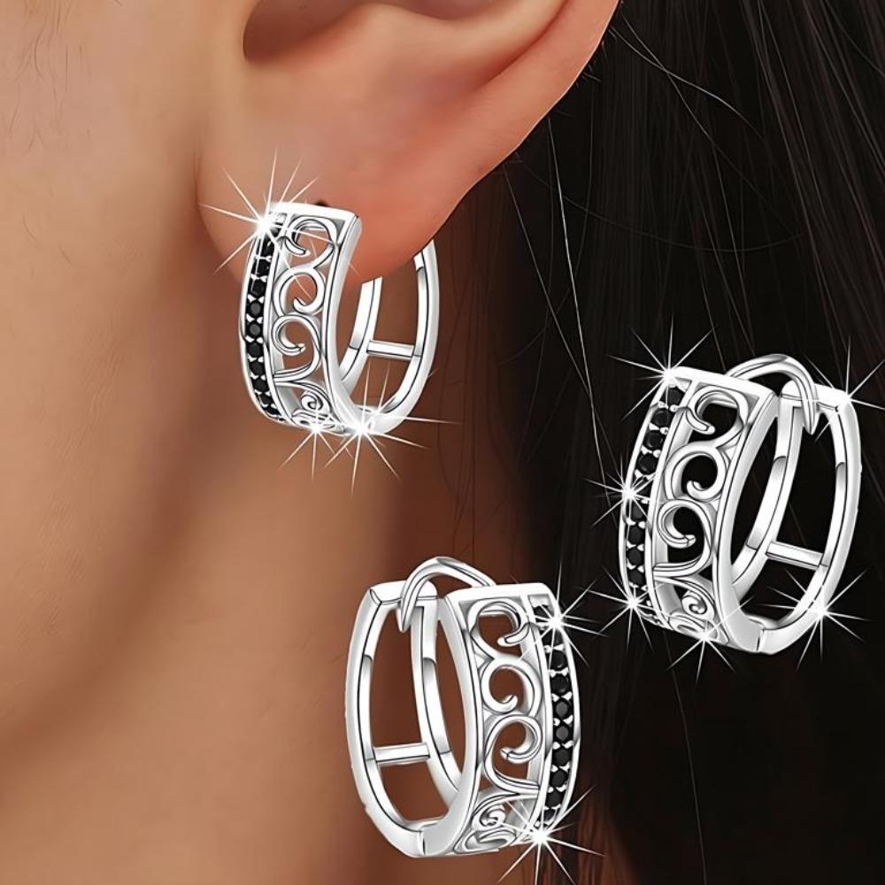 Cercei Cerc din Cupru cu Design Filigranat și Accente de Zirconiu Cubic Negru