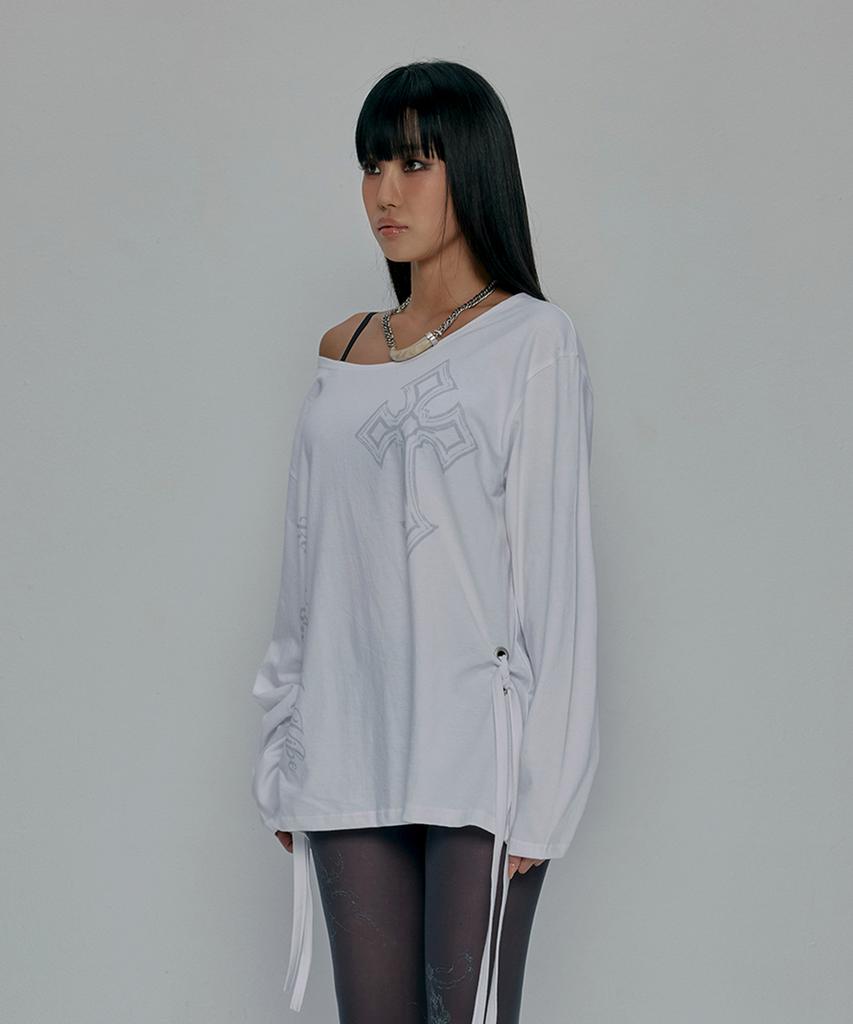 Gillaakaibeu One Shoulder Graphic Long Sleeve_White