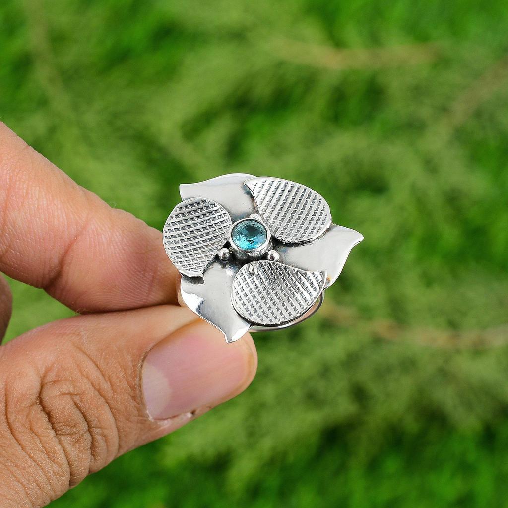 Natural Swiss Topaz Gemstone Promise Flower Blue Adjustable Ring 925 Silver