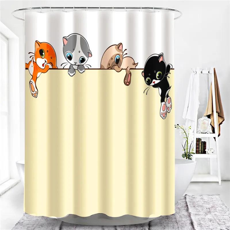 3D Cartoons Black White Cat Bathroom Waterproof Shower Curtain Simple Footprint Bathroom Curtains for Bathtub Screen with Hooks