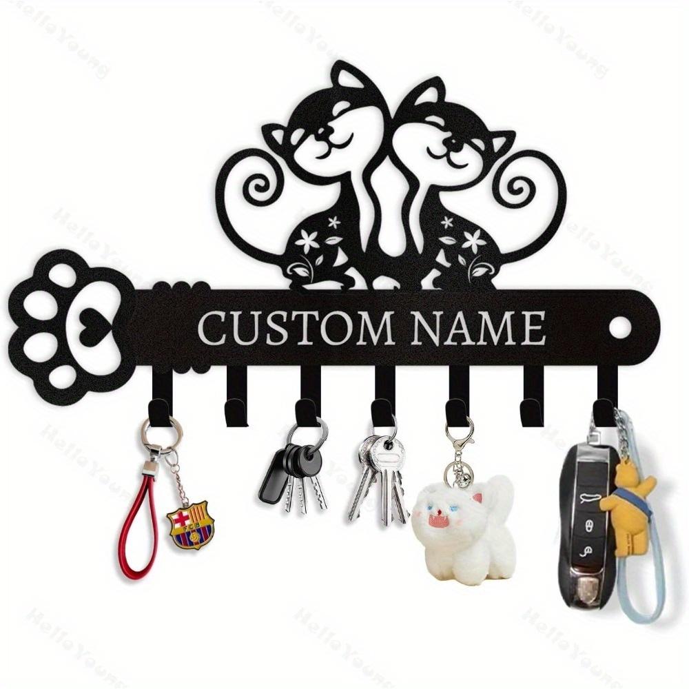 Personalized Metal Key Holder Wall Art Cat Hook Rack Custom Name Entryway Decor 10in