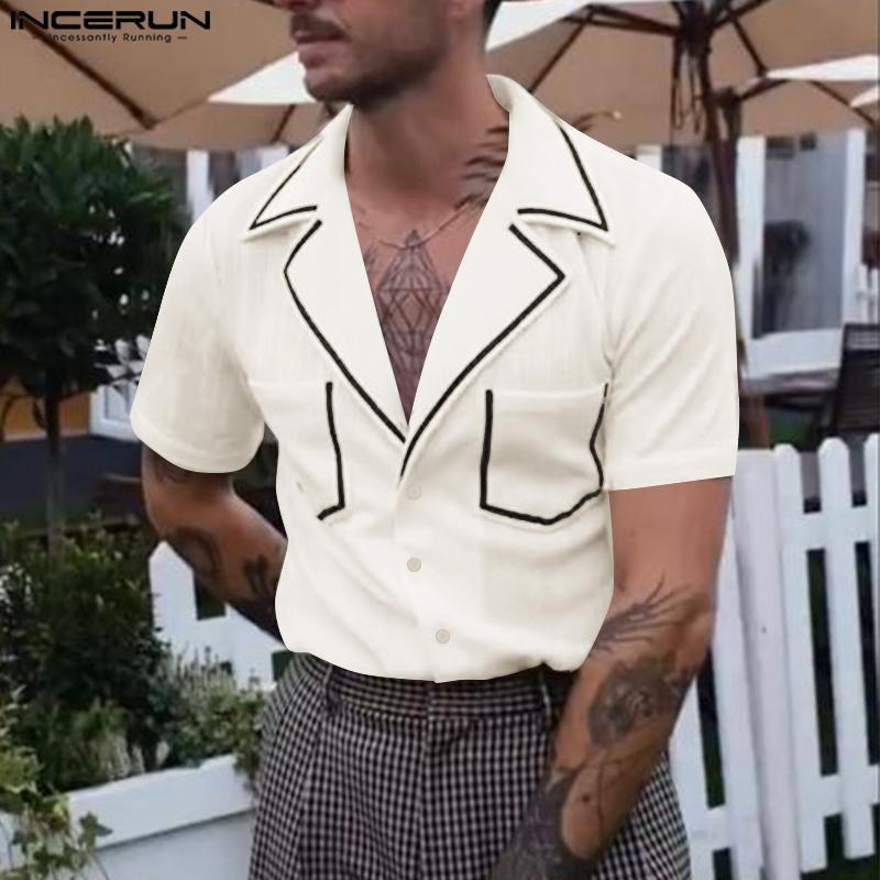

INCERUN Oversized Men Lapel V Neck Stitching Casual Summer T-shirts Tops 4XL белый