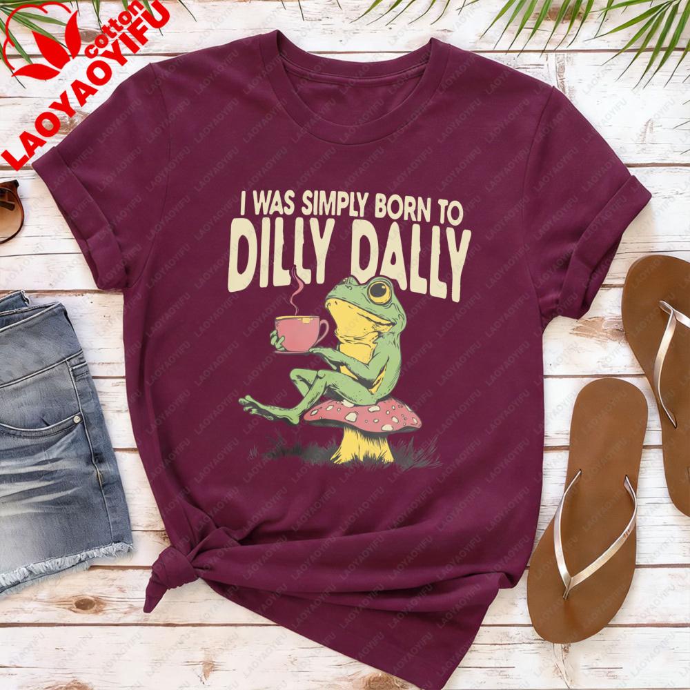 Born To Dilly Dally TShirt Vintage Frog Tshirt Funny Retro Graphic Tee Funny Womens Aesthetic Shirt Daily Life Casual Tops