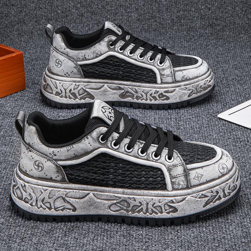 

Boys summer new shoes trend Hong Kong style hollow breathable casual board shoes student sports thick baseplate shoes men s shoes 39