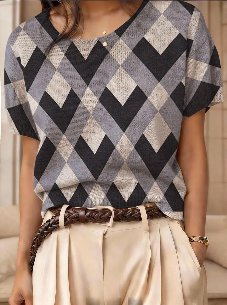 Top Maglione Girocollo a Maniche Corte Jacquard Color Block Retrò 2026