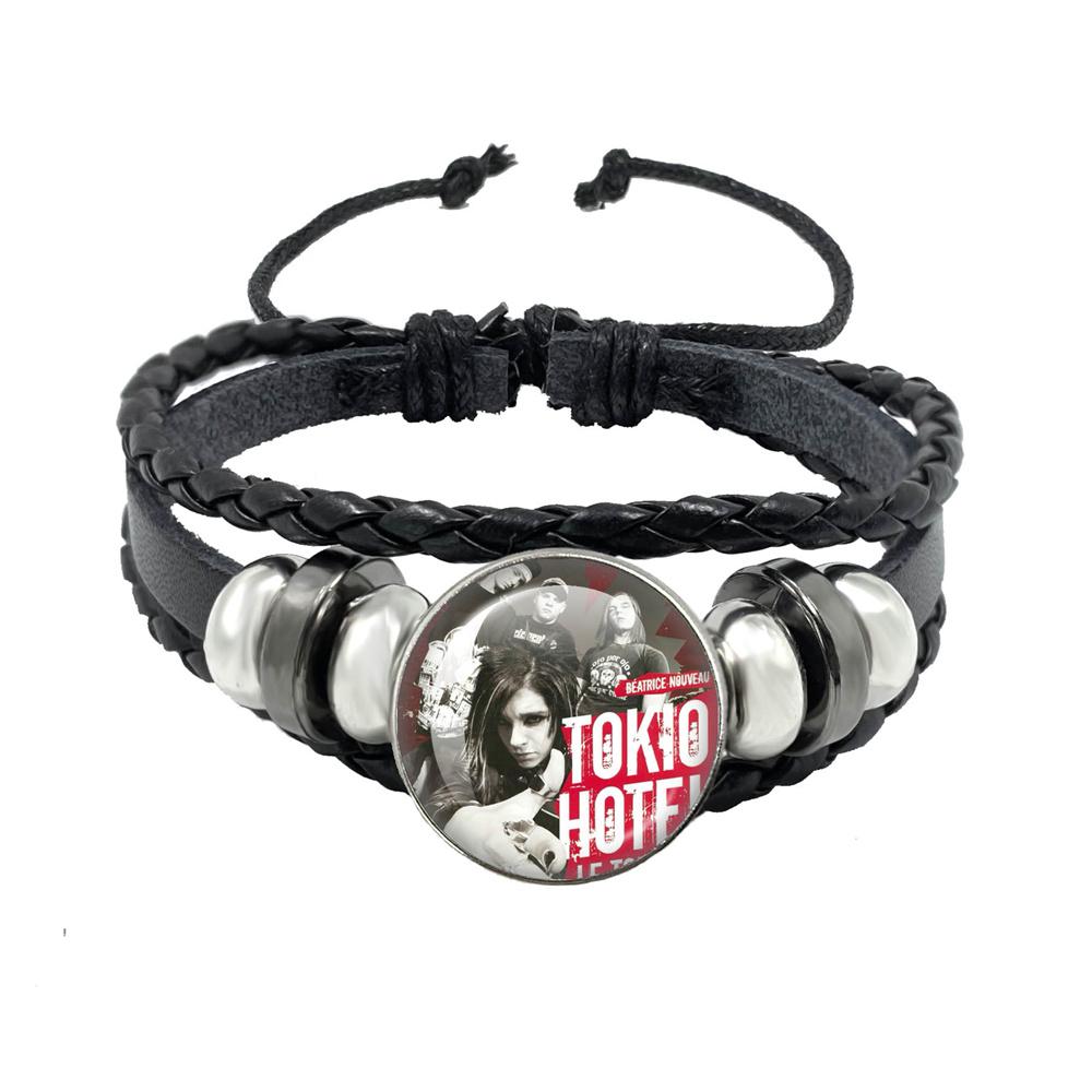 Pop Retro Rock Band Tokio Hotel Bill Kaulitz Band Black Rope Button Glass Cabochon Leather Bracelet Jewelry Charm Fans