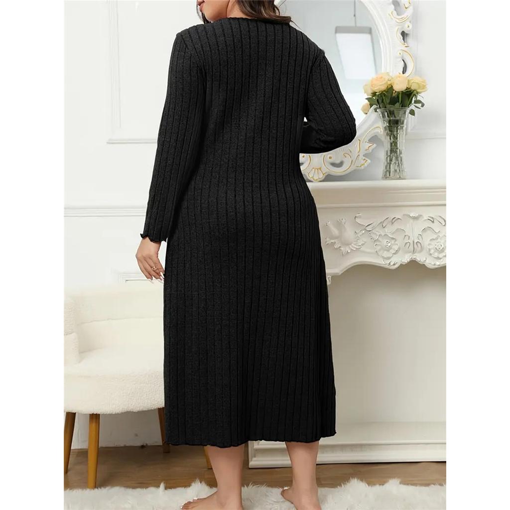 Kvinners avslappet lang kjole med lange ermer V-hals ensfarget treøreringer pluss størrelse kjole