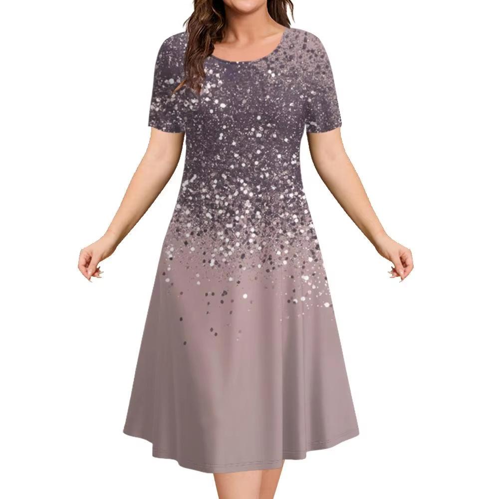 Elegant Women Short Sleeve Fashion 3d Print Midi Dress Plus Size Beach Clothing
