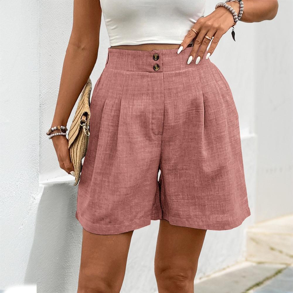 Women's Elastic High Waist Straight Leg Shorts Solid Color Button Pleated Casual Bermuda Shorts