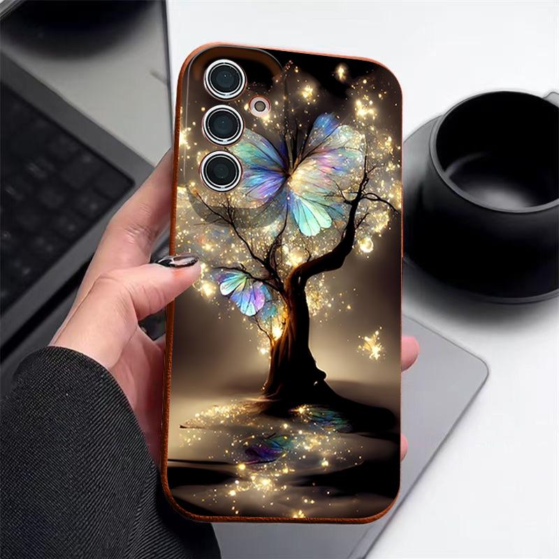 Shining Fantasy Tree Butterfly Pattern Case For Samsung Galaxy S26 Ultra S25 Edge S24 S23 S22 Plus S21 FE Leather Texture Silicone Cover