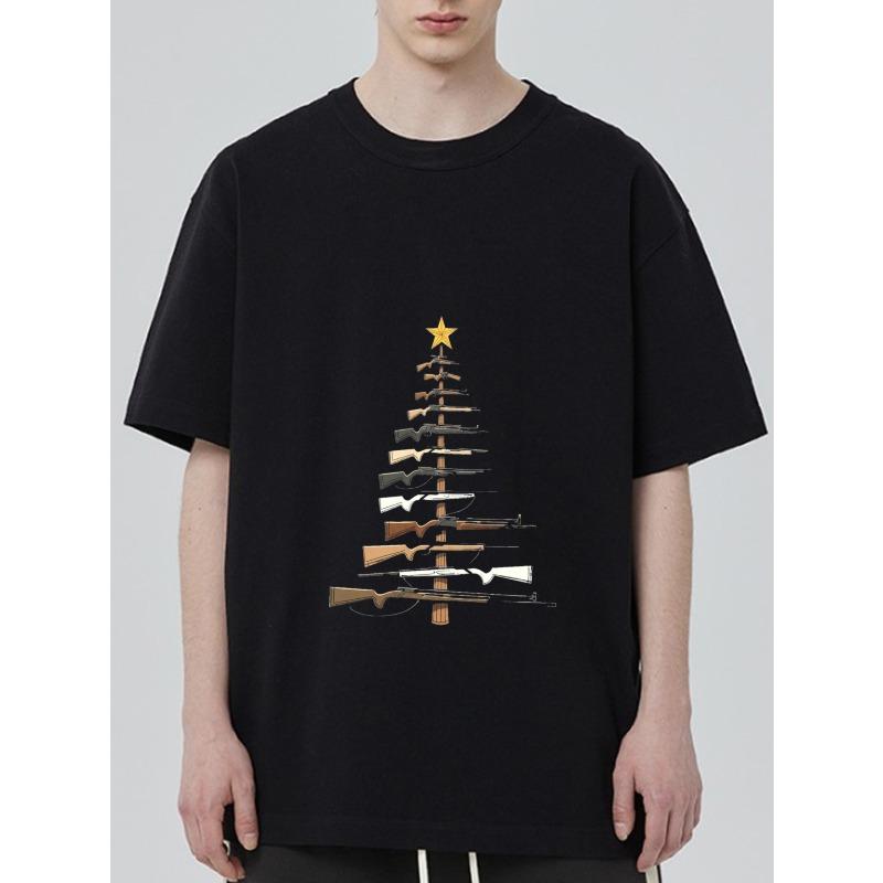 Black T Shirt Christmas Tree Rifle Pattern Casual Wear for Men and Women