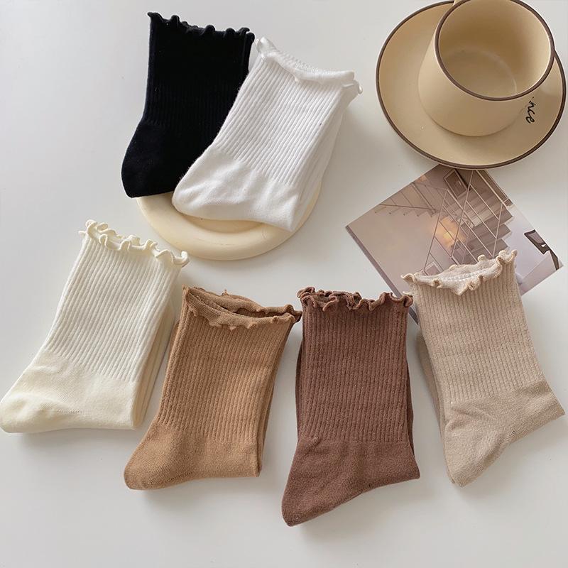 Women's Pure Cotton Mid-Calf Lace Socks, Solid Color, Spring/Autumn, Japanese JK Style, Versatile.