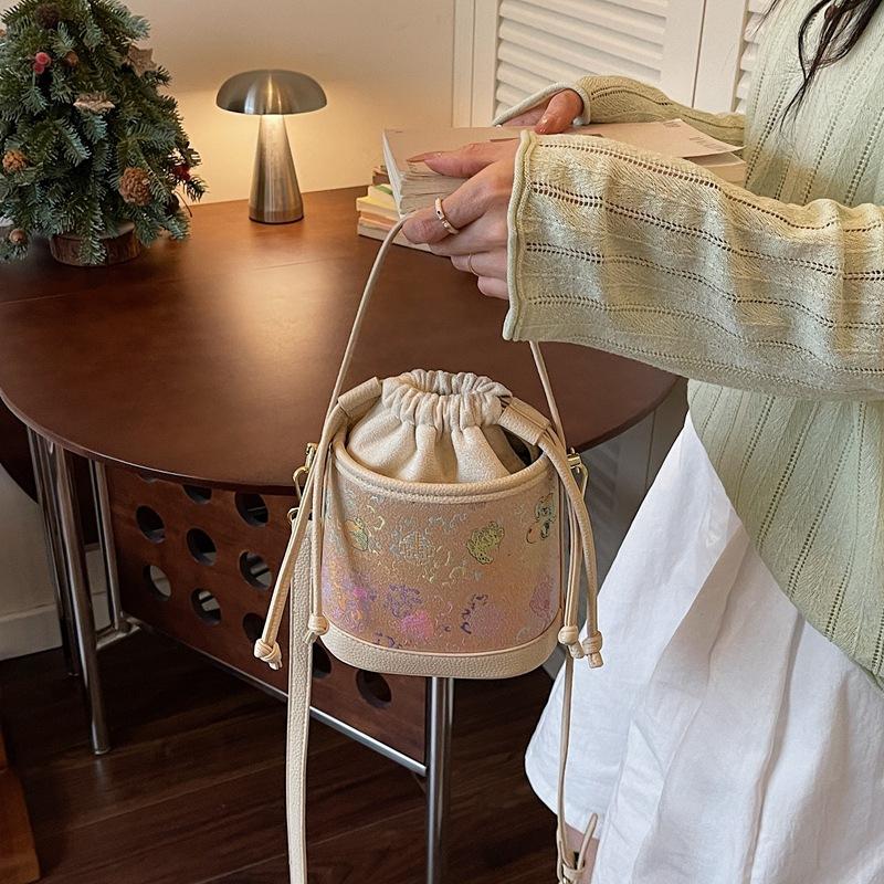Bag, Chinese Style, Trendy Embroidery Handbag, Fashionable Drawstring Bucket Bag, New Chinese Versatile Single Shoulder Crossbody Bag