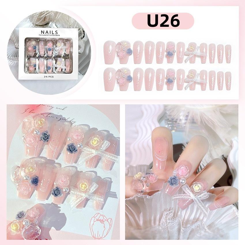 White Blue Color 3D Rabbit Star Rhinestone Designs-Full Cover Acrylic False Nails for Women and Girls Detachable Long Fake Nails