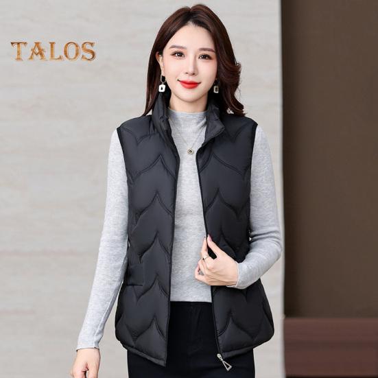 Colete de inverno feminino, casaco acolchoado espesso, gola alta, proteção de pescoço, sem mangas, fecho de zíper, cor sólida, mantém o colete aquecido