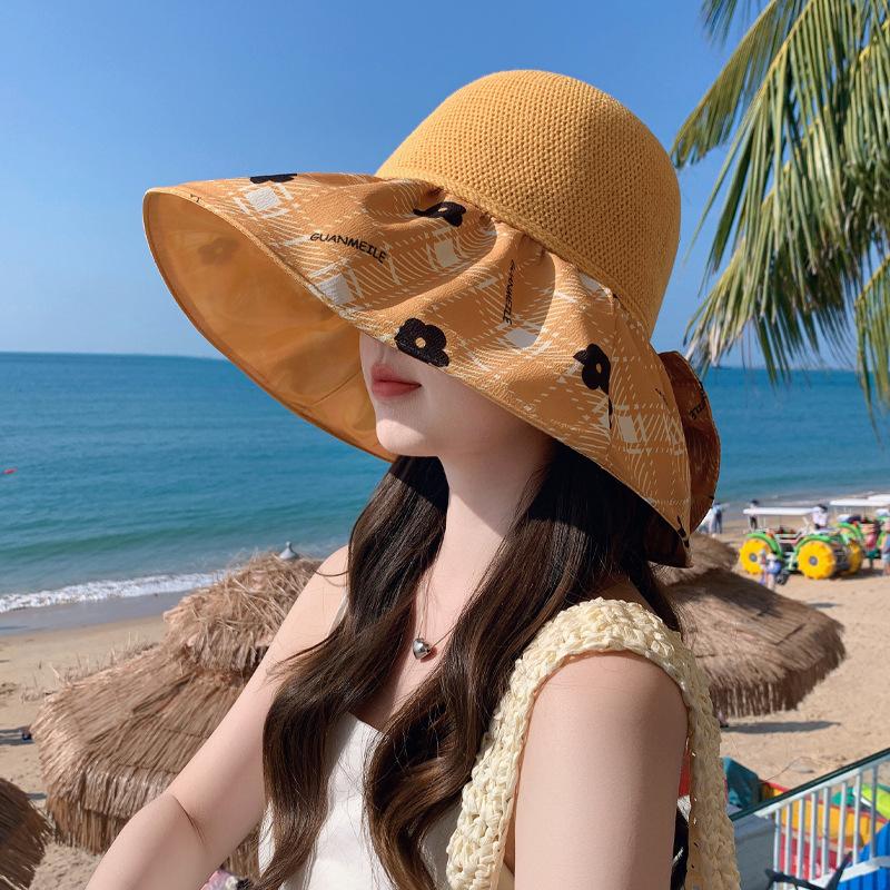 Color Glue Hat Women's Summer Versatile Bow Big Edge Bucket Hat Sun Protection Sun Hat Folding Sun Hat New
