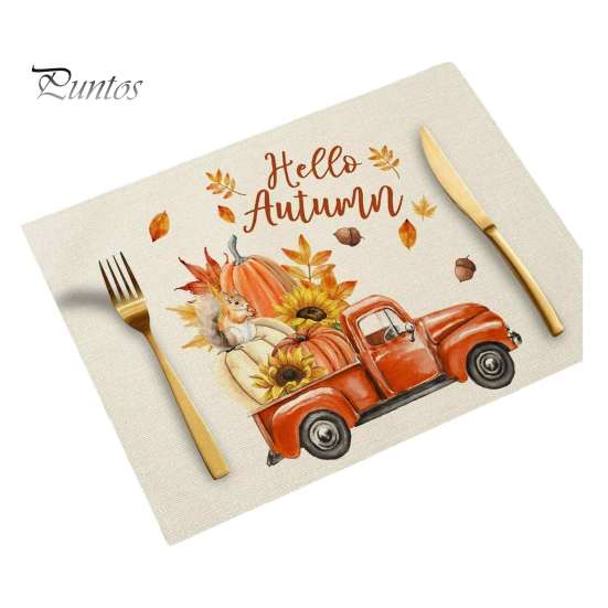 Durable Table Mats for Daily Use Pumpkin Autumn Leaves Placemat, Thanksgiving Linen Washable Heat Resistant Rustic Decorations Place Mat Dining