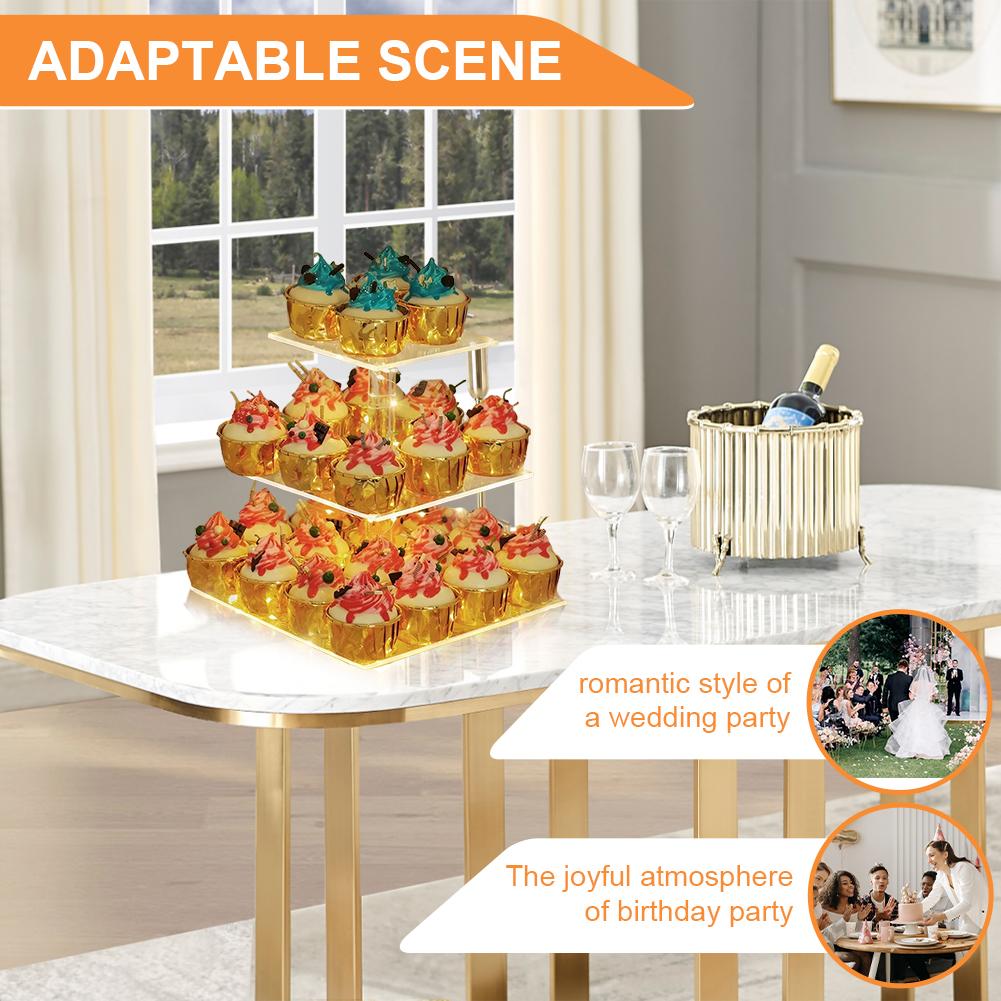 Unique Square Acrylic Multi Tier Cupcake Display Stand with LED Lights for Weddings and Birthday Parties (Without battery)