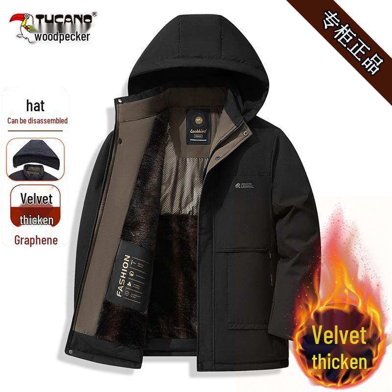 Men's Woodpecker Plus Velvet Mid-length Jacket with Hood, Detachable Liner, Cotton Winter Coat for Middle-aged and Elderly