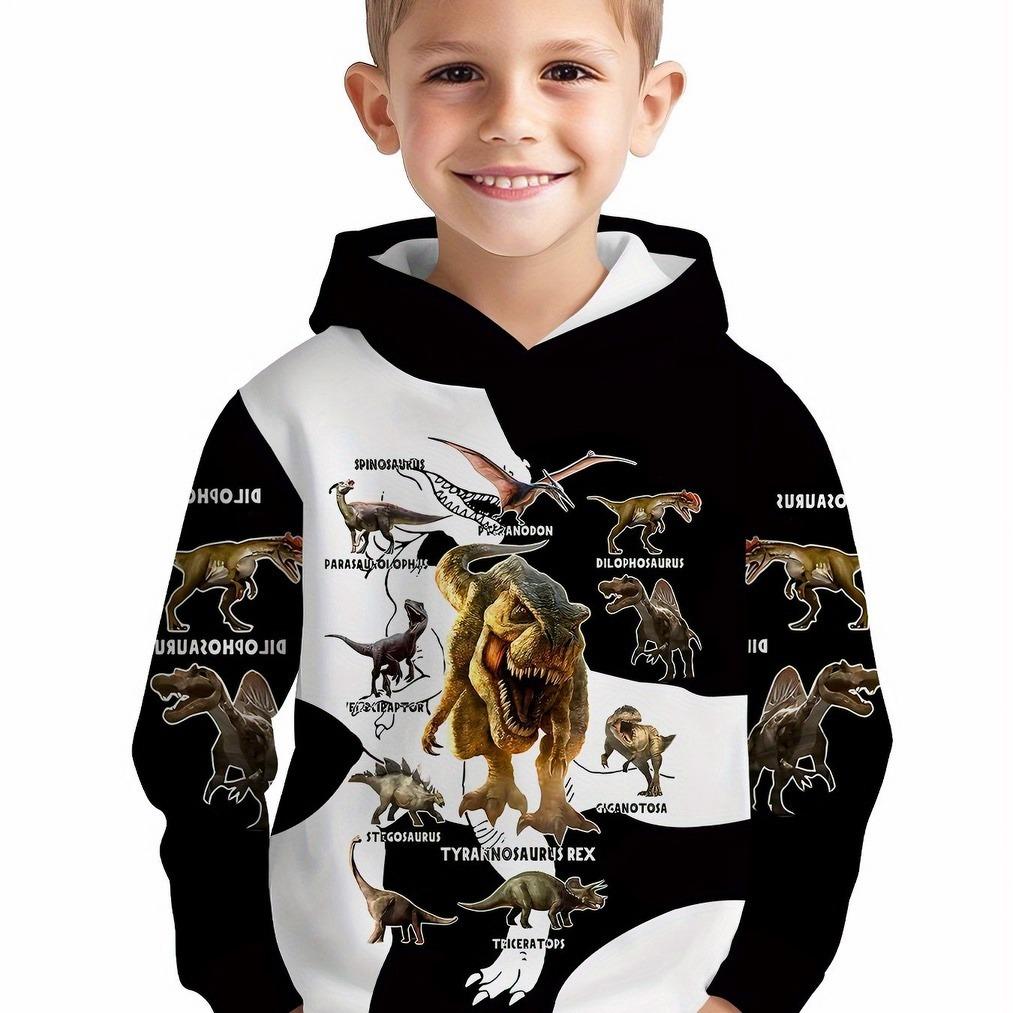 

3D digital printed dinosaur encyclopedia pattern hoodie, fashionable and trendy casual children s clothing 13-14Y