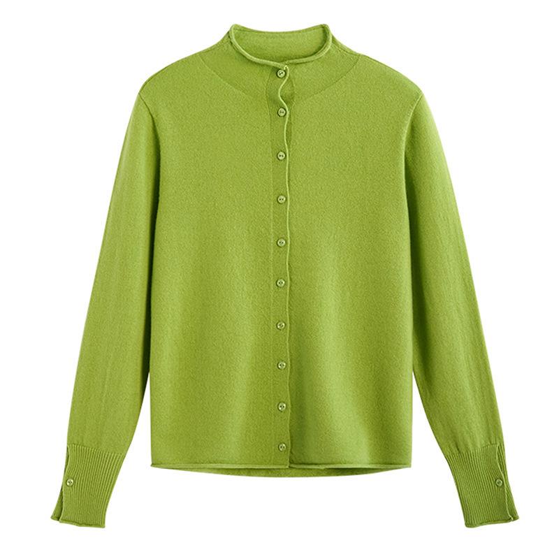 Women's Early Spring 2026 Wool Cardigan: Stand Collar, Long Sleeve, Slim Fit Knitwear