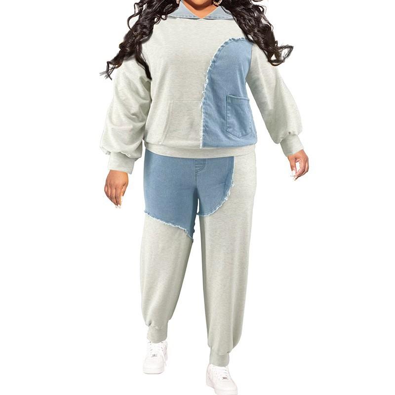 Plus Size Women Winter Denim Set Oversized Long Sleeve Top Wide Leg Pants Streetwear Casual Outfit Brick Red Orange Light Gray Blue 1XL-5XL