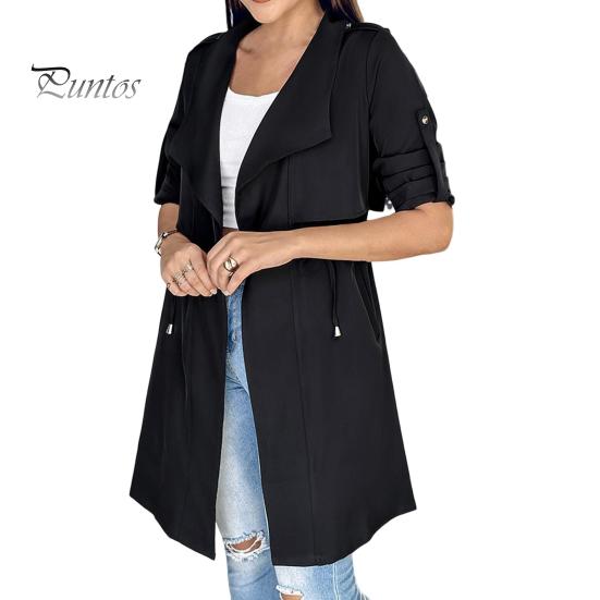 

Зимняя женская куртка с рукавами средней длины и запонками, ветровка с завязками на талии, пальто с открытыми стежкам, ветрозащитное теплое пальто средней длины S чёрный