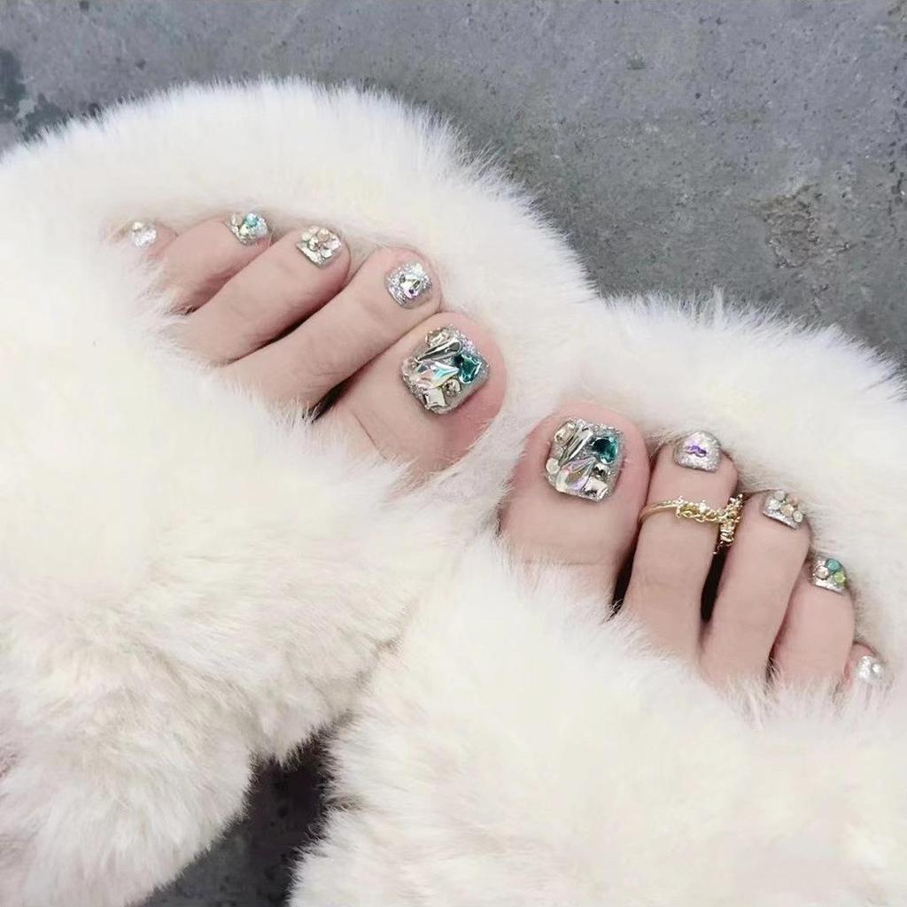 J42 Rhinestone Glitter Toenail Art Patches - Handmade, Colorful, Wearable Light-Cured Fake Toenails
