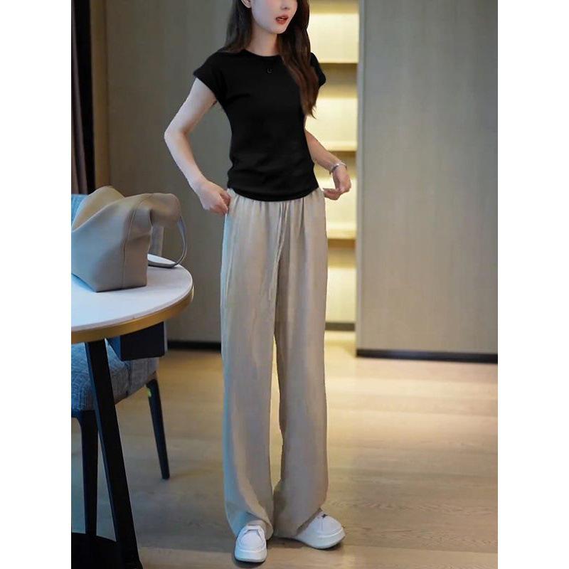 

Korean Style Women s Slimming Two-Piece Set: Straight Shoulder T-Shirt & Ice Silk Wide-Leg Pants M (Recomm. 100-110 jin)