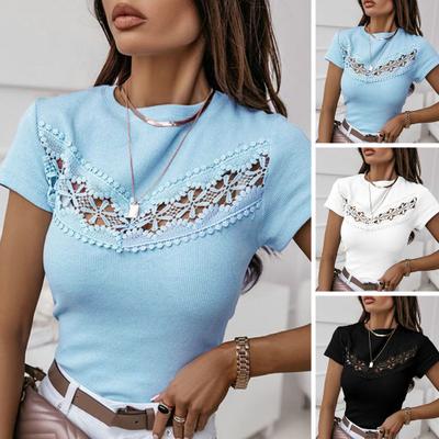 2024 Damen T-Shirt Sommer Casual Kurzarm O-Ausschnitt Mode Weiche Textur Spitze Einsatz Cut-Out Top Partykleidung