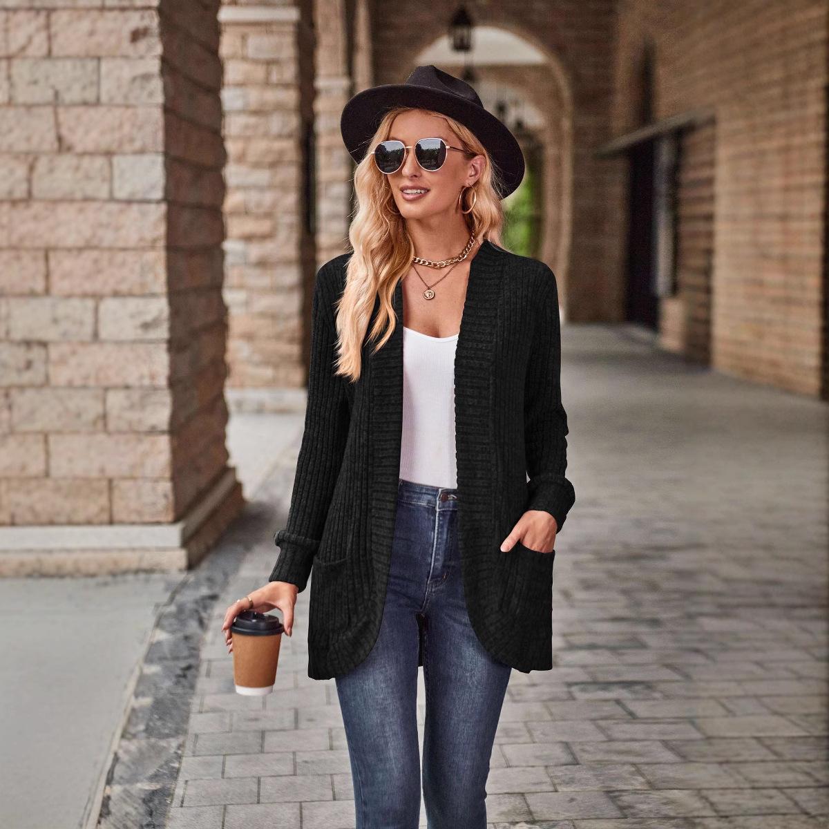 

Autumn New Popular Solid Color Pit Strip Brushed Casual Splicing Long-sleeved Cardigan Jacket S чёрный