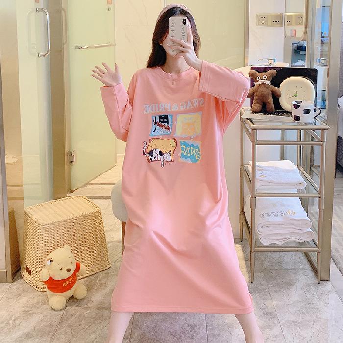 Pijamas bonitos de manga larga para mujer - Primavera/Otoño, Talla grande (Hasta 300 libras), Camisón de Largo Medio