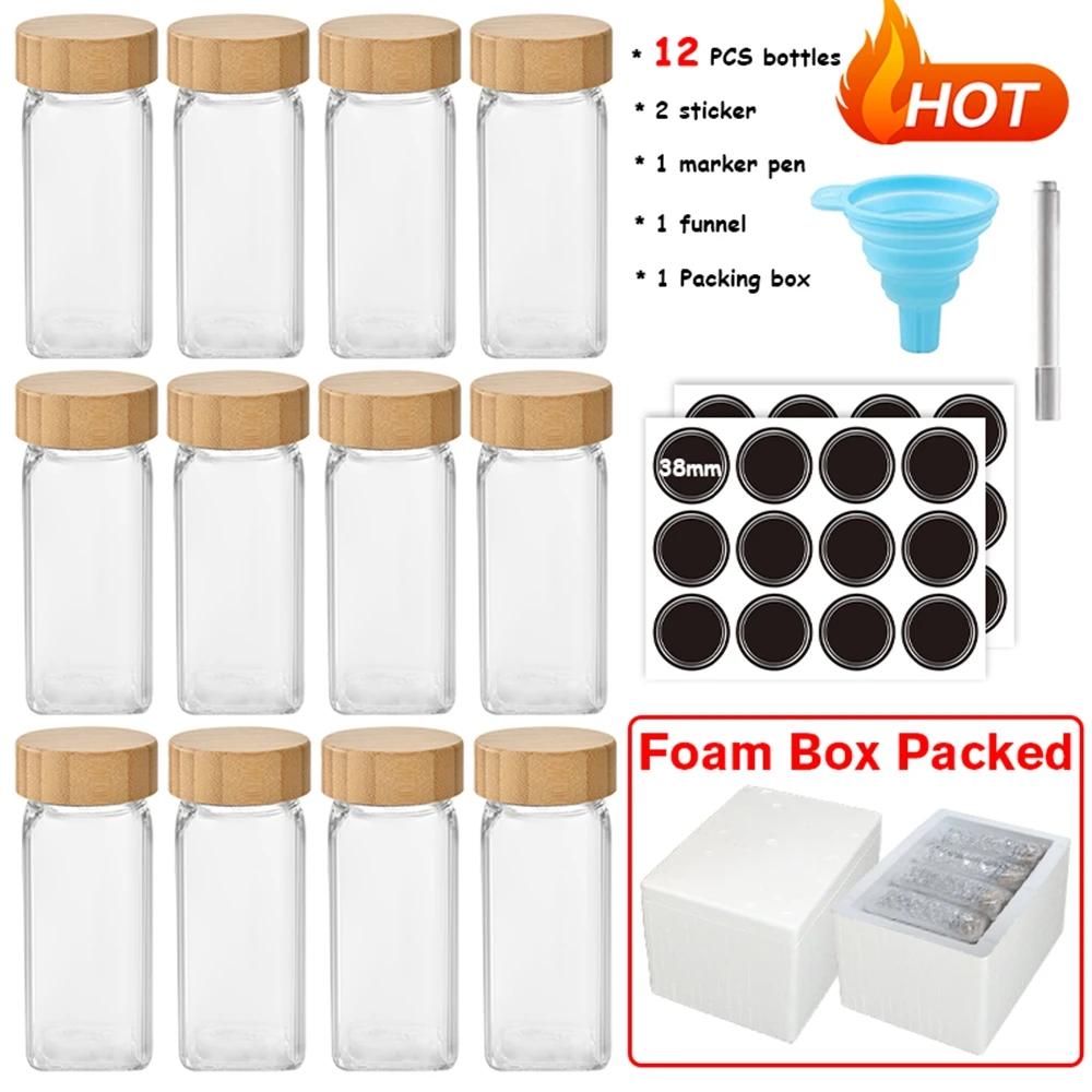 

12 шт. стеклянных банок для специй с бамбуковой крышкой, контейнеры для специй, солонки, перечницы, органайзеры для специй, кухонный набор банок